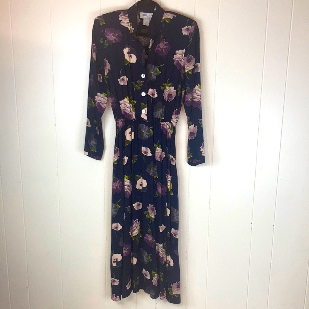 Vintage Navy Blue Floral Dress with Matching Belt Size 8 Small